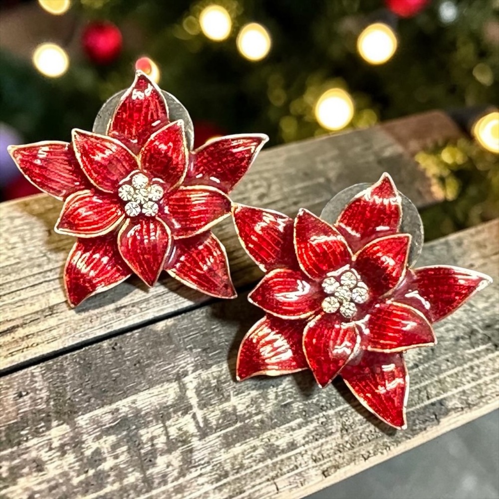 Vintage Eisenberg‎ Ice Poinsettia Earrings Red Enamel Rhinestone Christmas